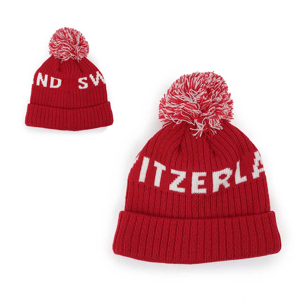red polyester Pom beanie