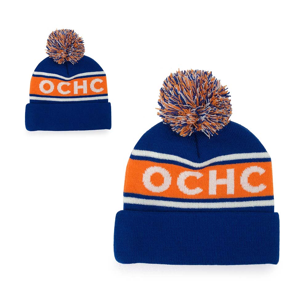 polyester Pom beanie with orange and blue section
