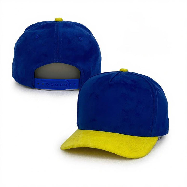 blue and yellow suede baseball caps