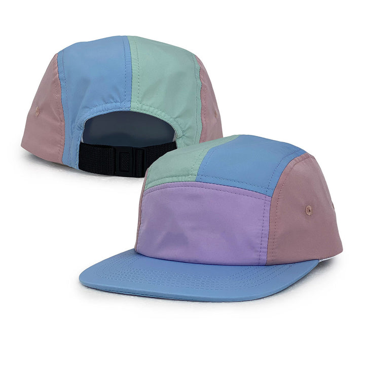 nylon camp cap with blue, purple, and green sections 