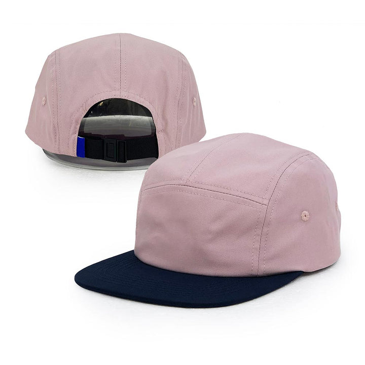 Pink Cotton camp cap with black brim shown from front and back on a white background