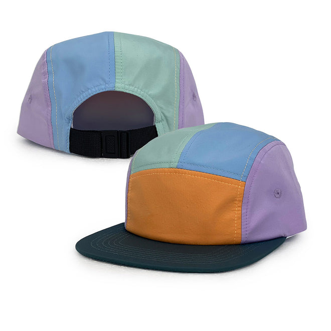  Nylon camp cap with purple, blue, green, orange, and black sections
