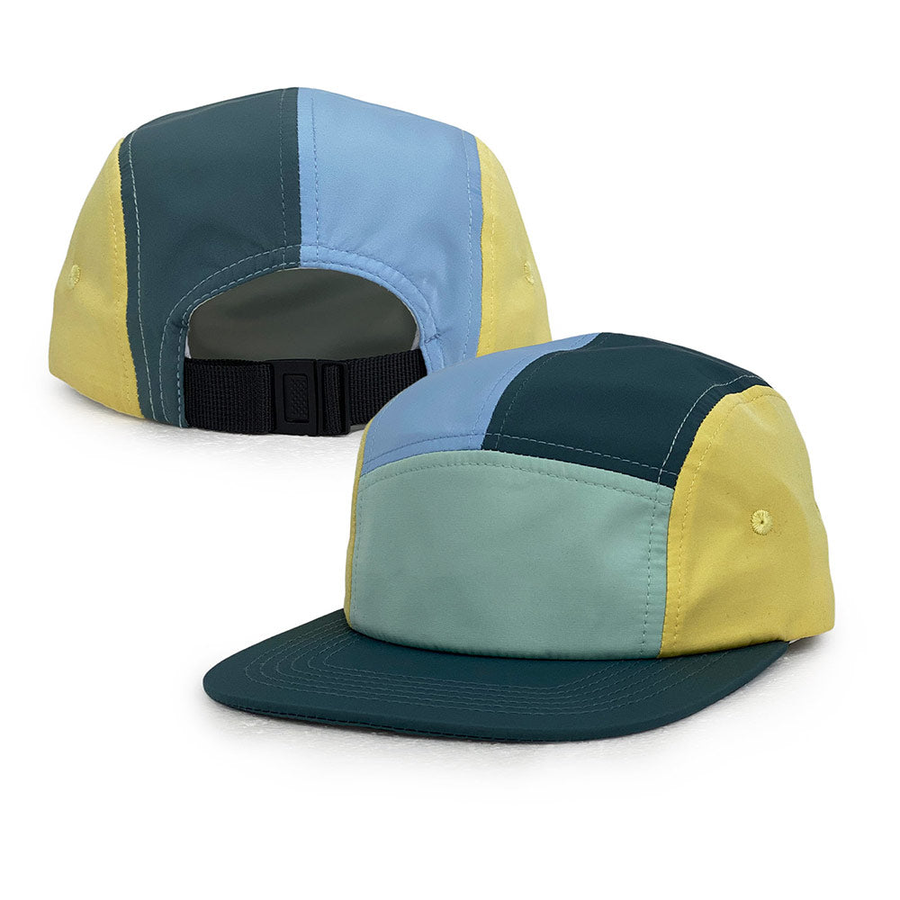 nylon camp cap with dark turquoise ,blue, yellow, and sections
