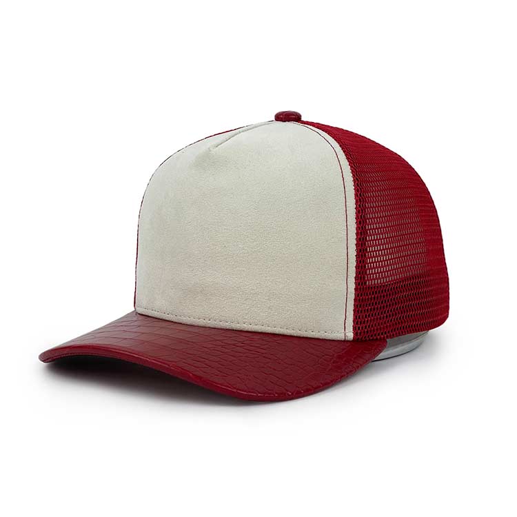 Red and beige trucker cap on a white background