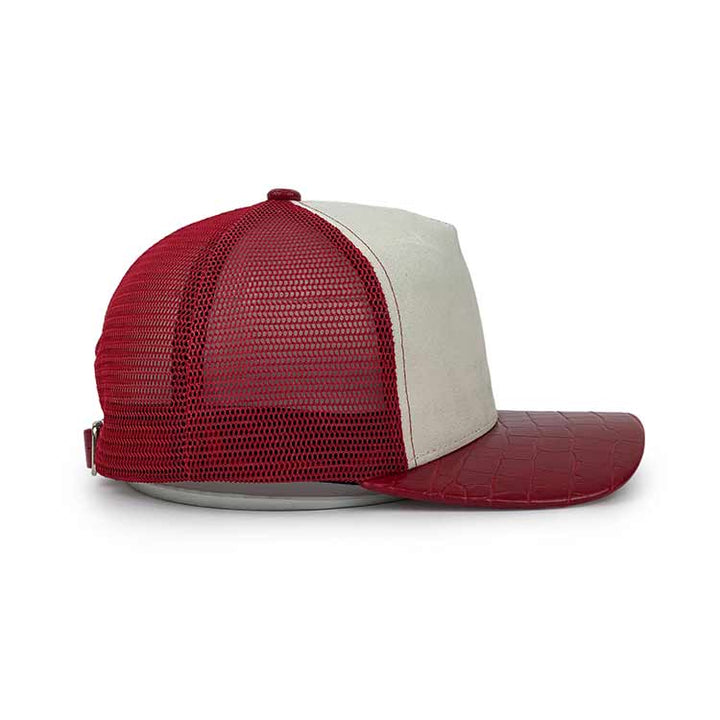 red leather suede trucker hat -side
