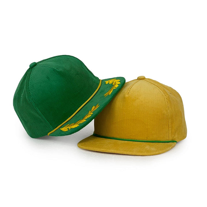 green and yellow 5 panel corduroy snapback hat