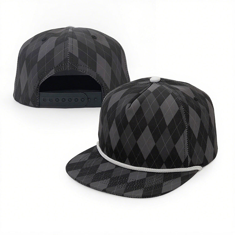 black nylon 5 panel snapback cap