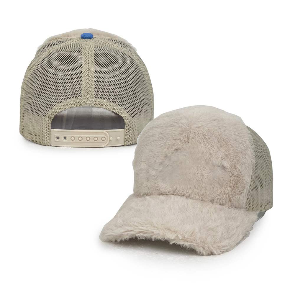 beige faux rabbit fur trucker hat