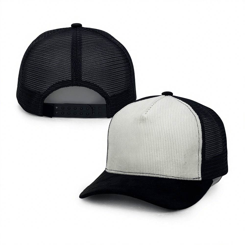white and black corduroy mesh trucker hats