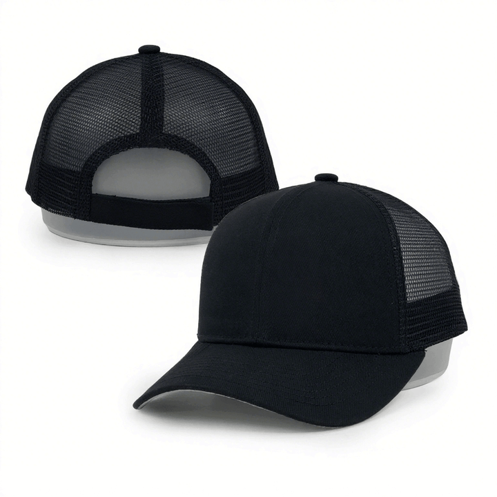 black 6 panel cotton mesh trucker hats