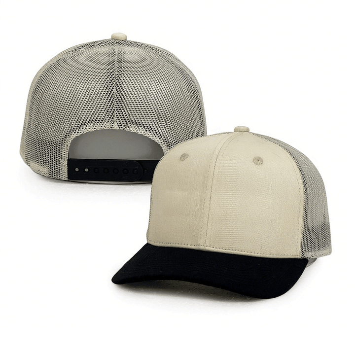 beige 6 panel cotton mesh trucker hats